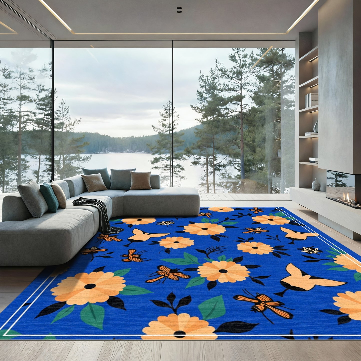 Orange Flower Butterfly Blue Field Rug