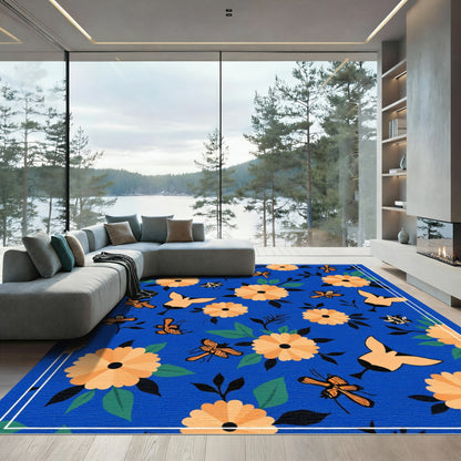 Orange Flower Butterfly Blue Field Rug