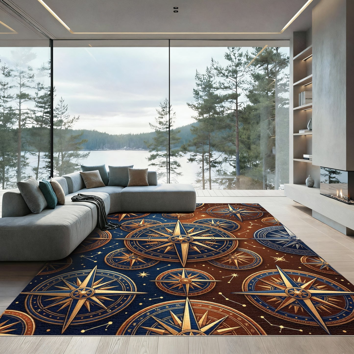 Golden Celestial Compass Rose Collage Rug