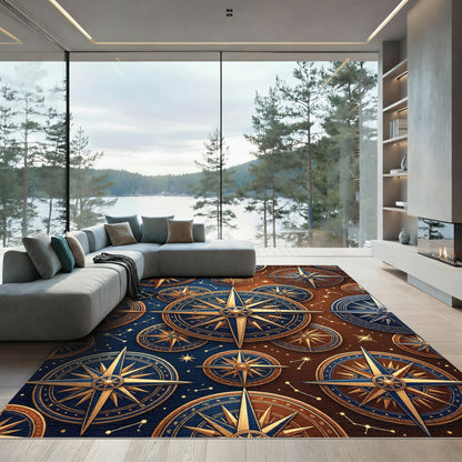 Golden Celestial Compass Rose Collage Rug