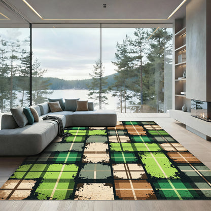 Green Brown Cream Grunge Plaid Patchwork Rug