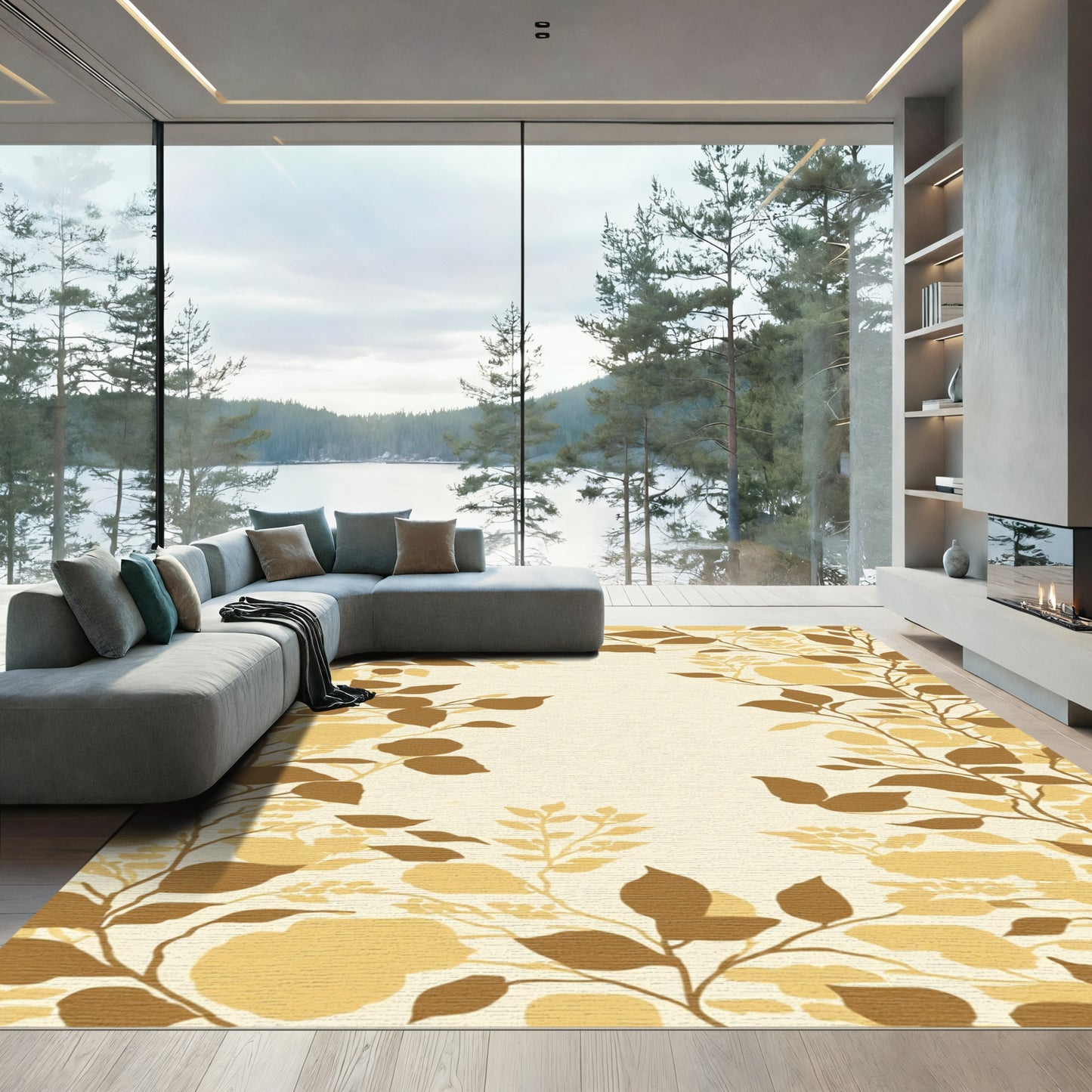 Earthy Brown Beige Botanical Branches Rug