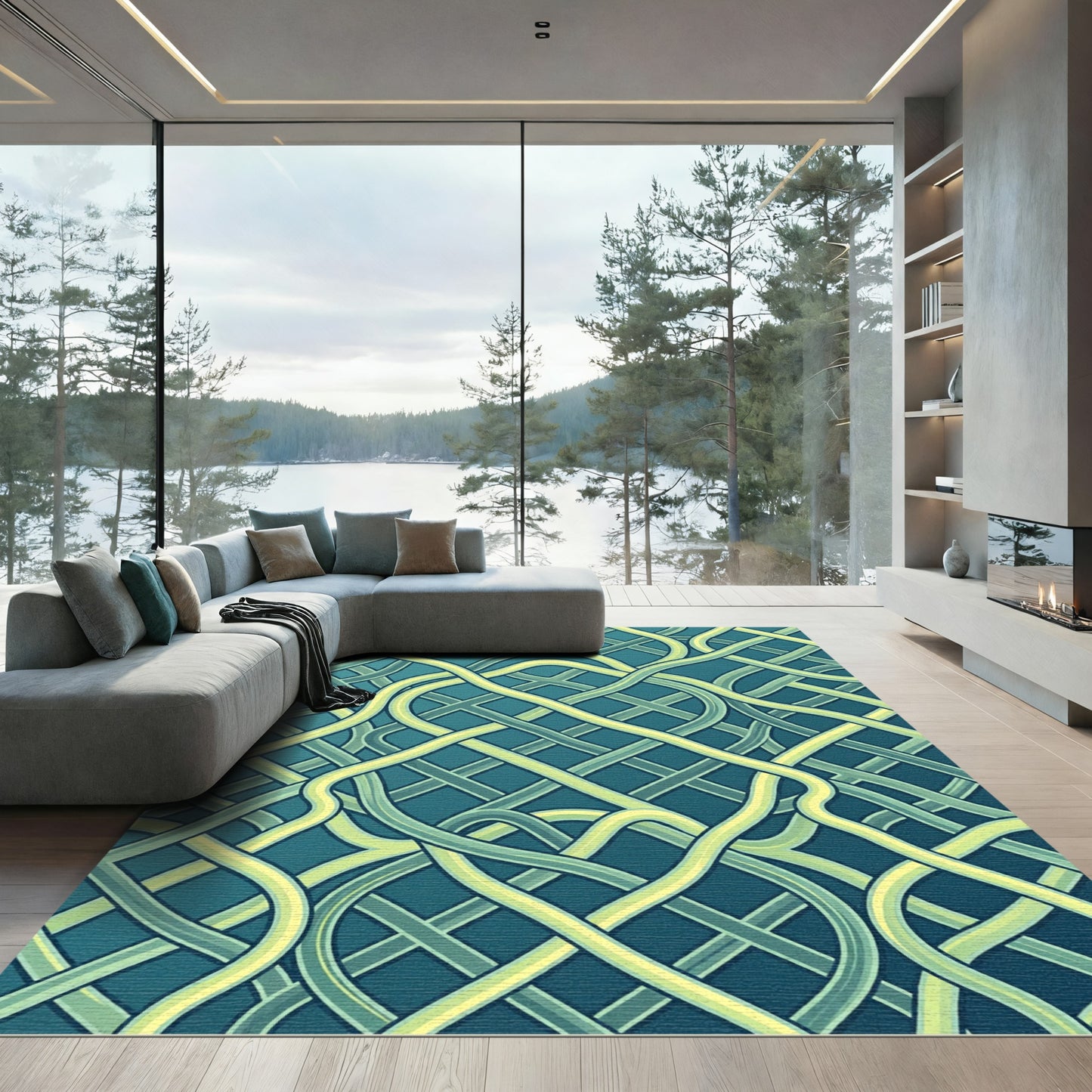 Interwoven Teal and Chartreuse Linear Grid Rug