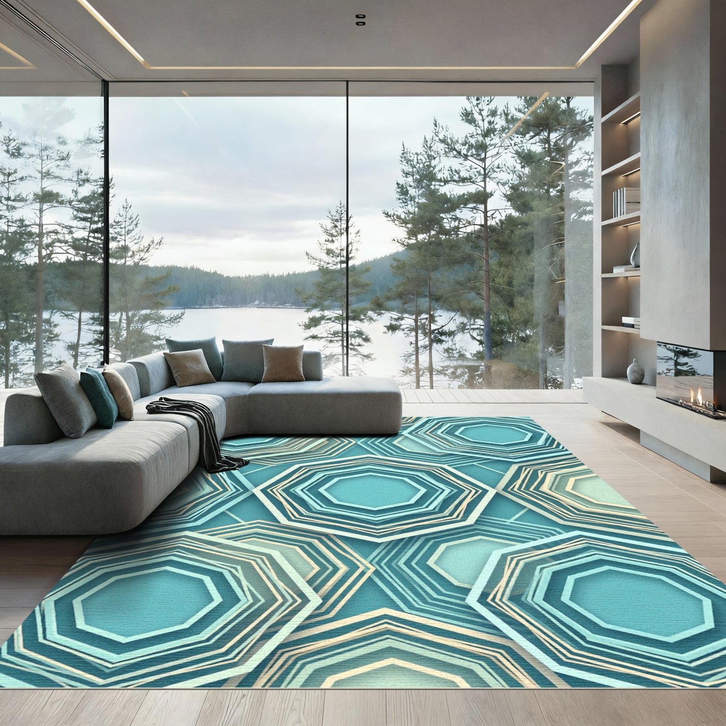 Teal Geometric Layered Hexagon Abstract Rug