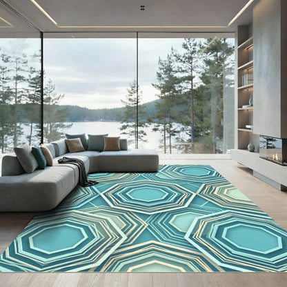 Teal Geometric Layered Hexagon Abstract Rug