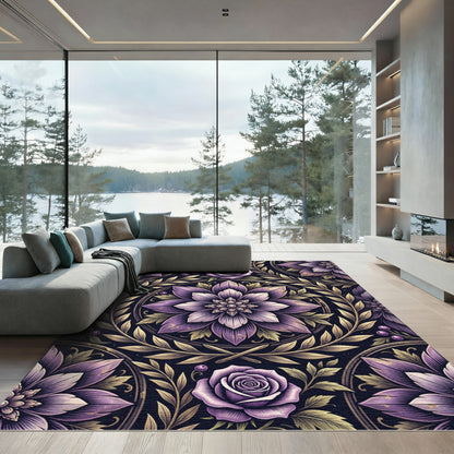 Elegant Lavender Floral Rose Medallion Rug