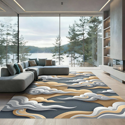 Elegant Gold and Gray Swirling Clouds Rug