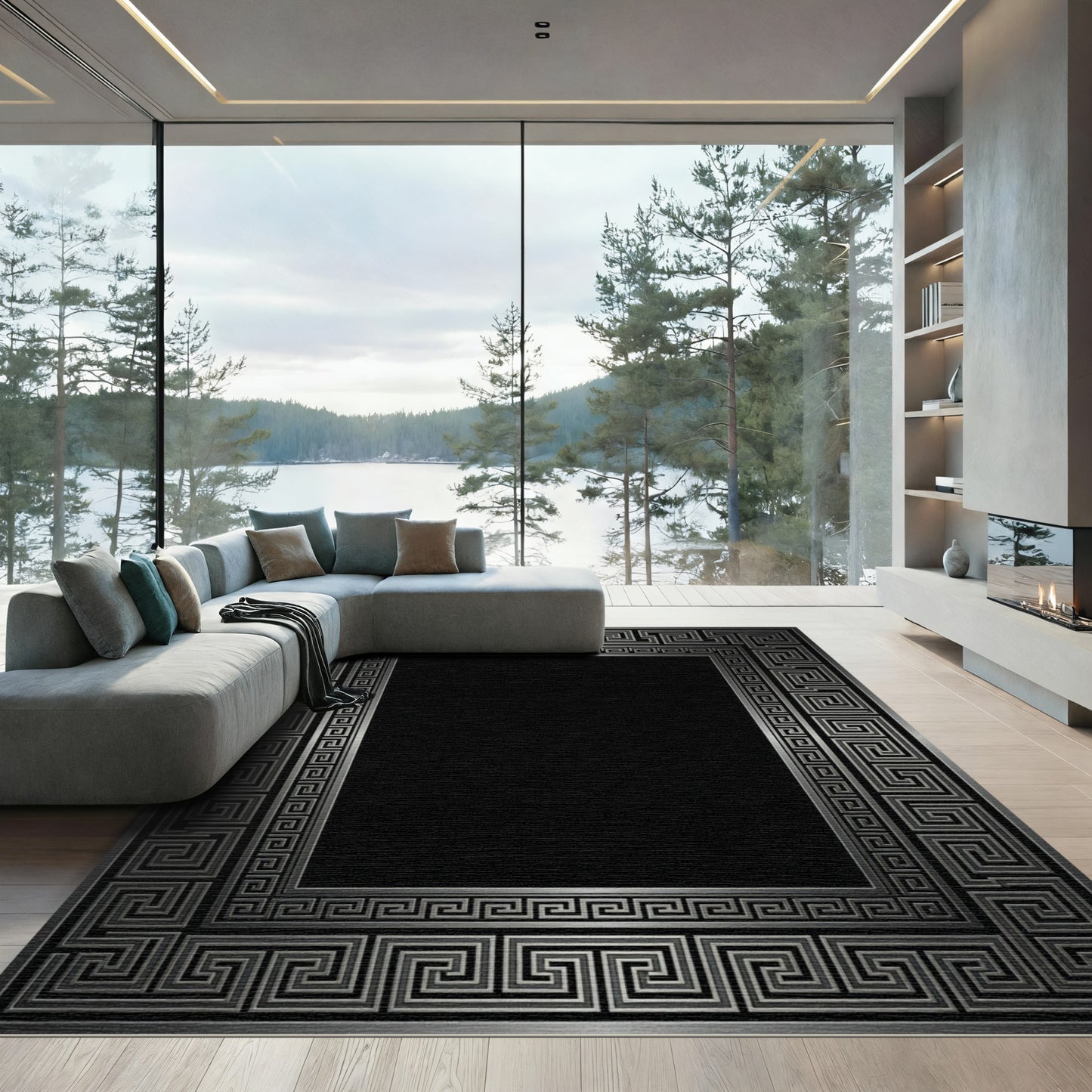 Silver Greek Key Border Rug