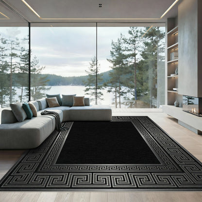 Silver Greek Key Border Rug