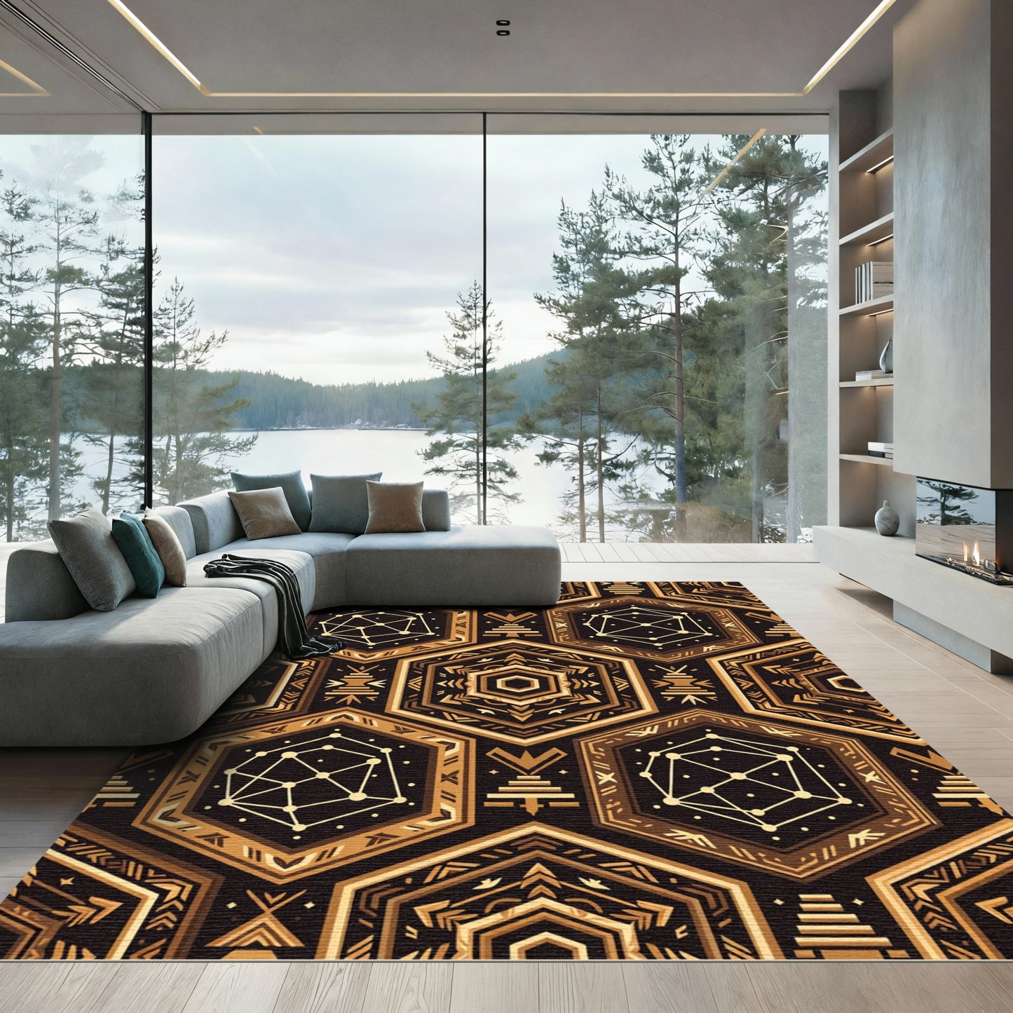 Golden Geometric Hexagon Constellation Rug