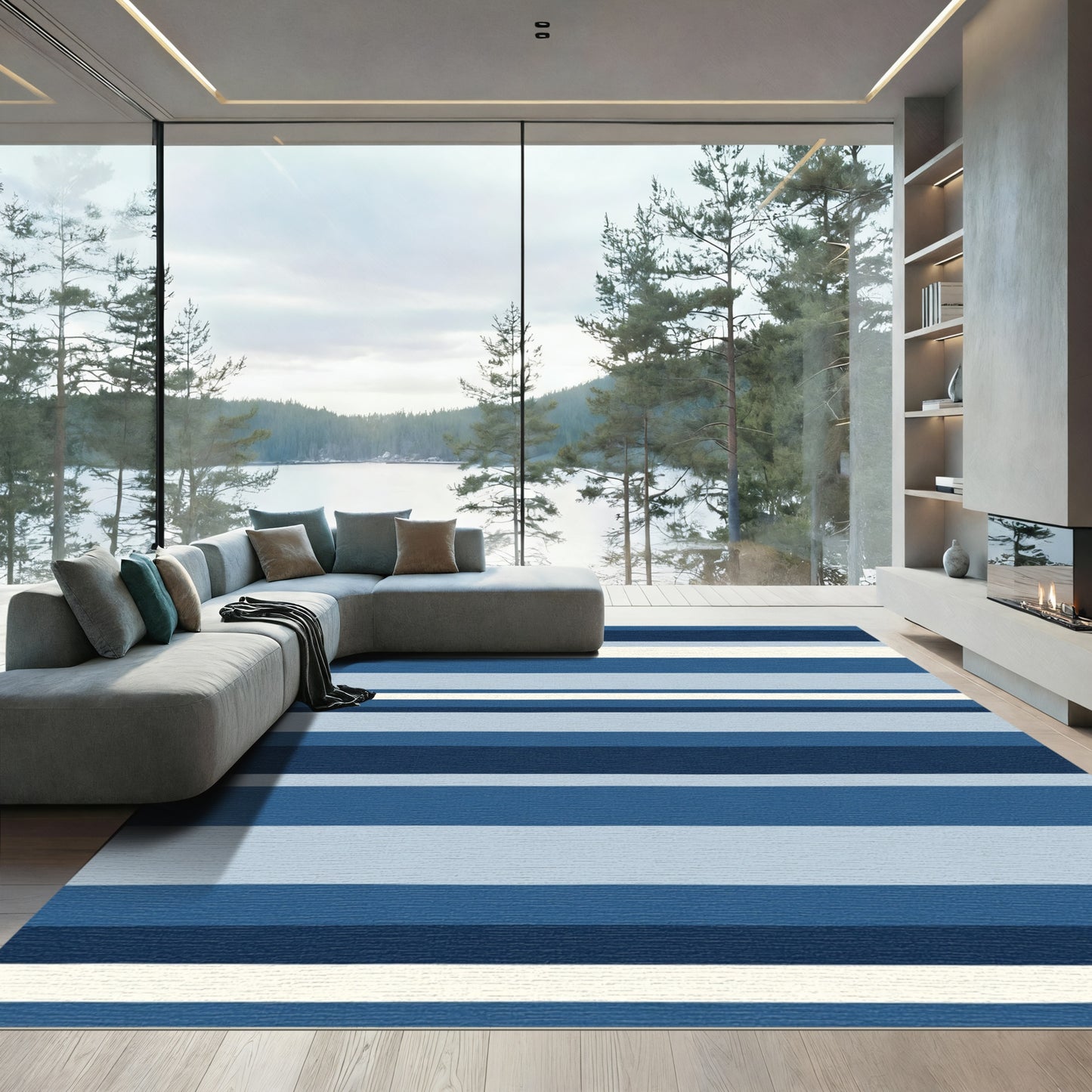 Navy Blue Cream Striped Contemporary Area Rug