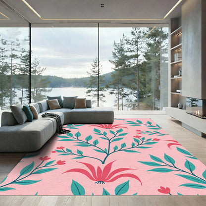 Whimsical Coral Floral Branch Botanical Rug