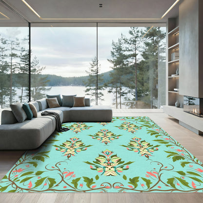 Teal Floral Damask Scrollwork Rug