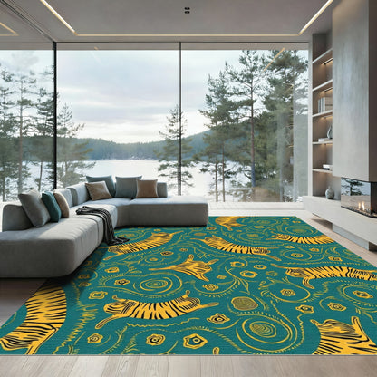 Teal Gold Abstract Tiger Swirls Rug