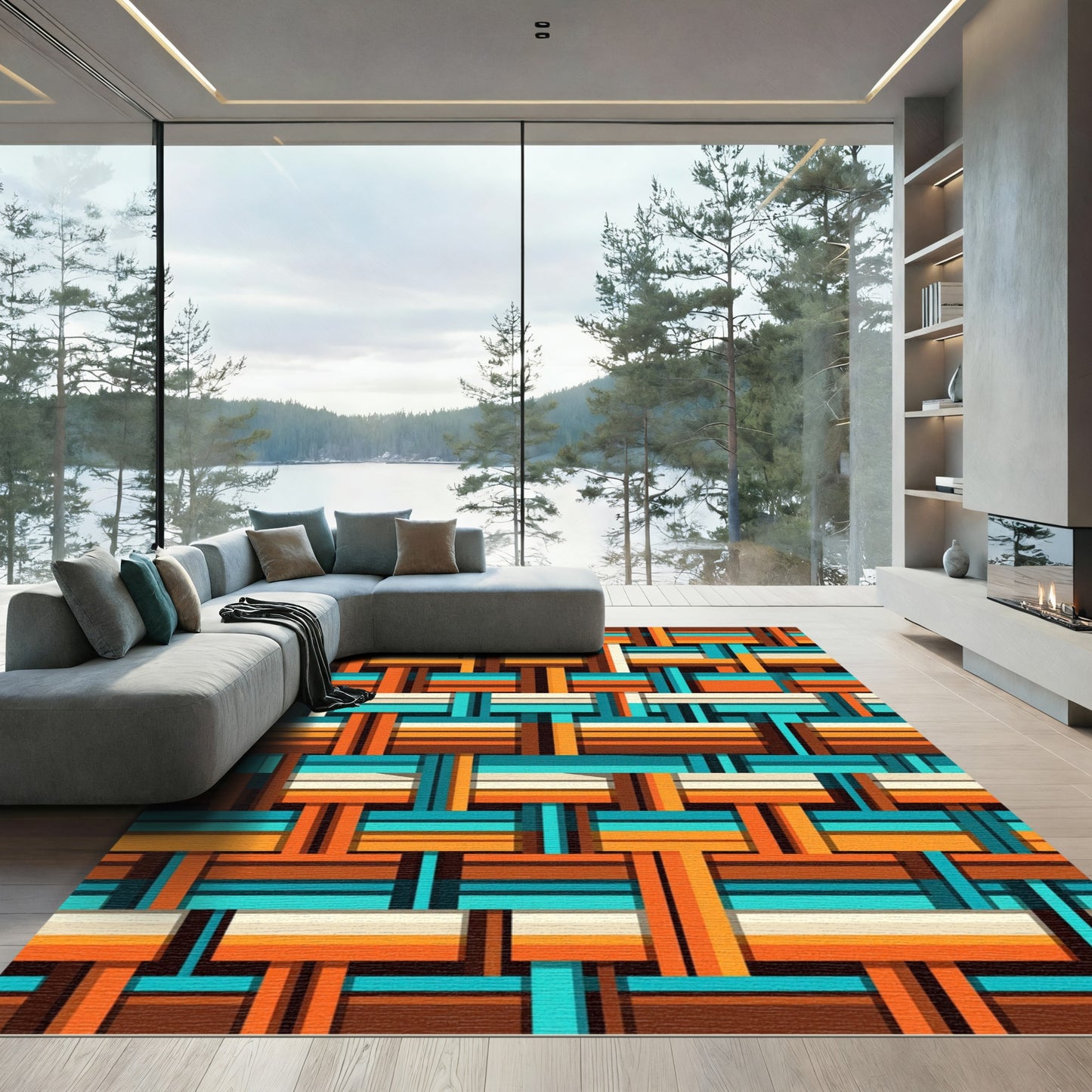 Retro Woven Teal Orange Geometric Check Rug