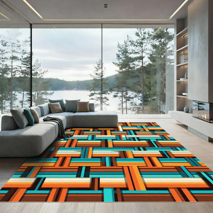 Retro Woven Teal Orange Geometric Check Rug