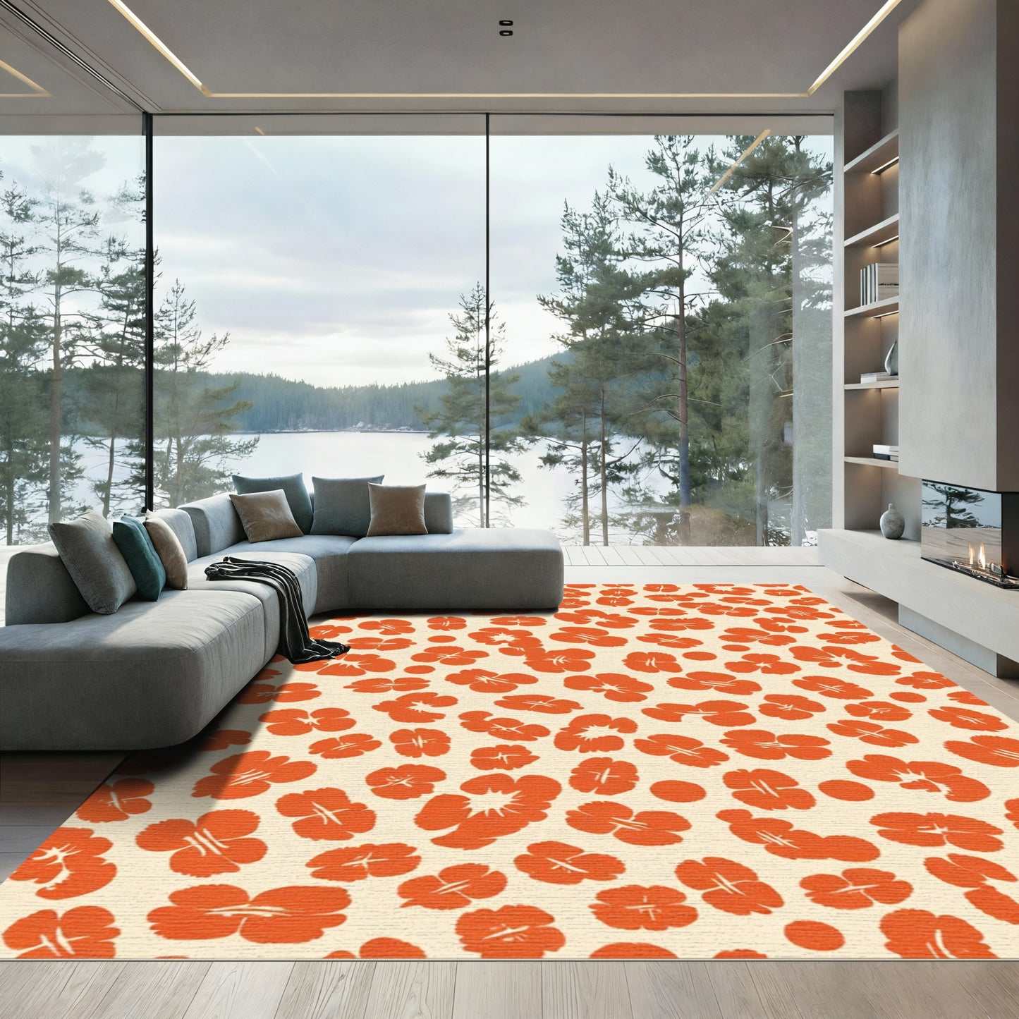 Warm Orange Floral Scatter Rug
