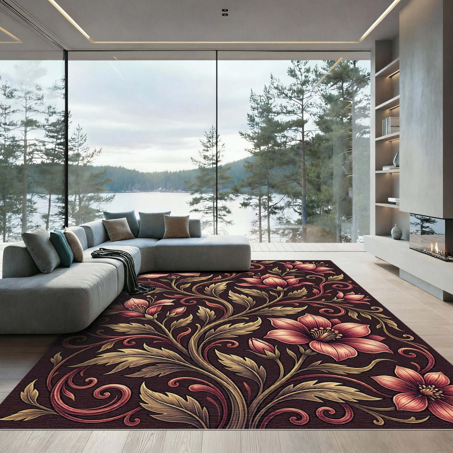 Elegant Crimson Floral Scroll Art Rug