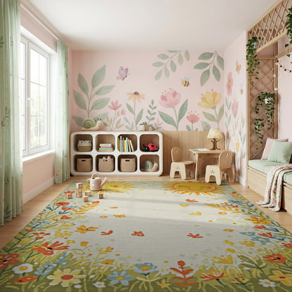 Whimsical Smiling Suns Floral Butterflies Rug