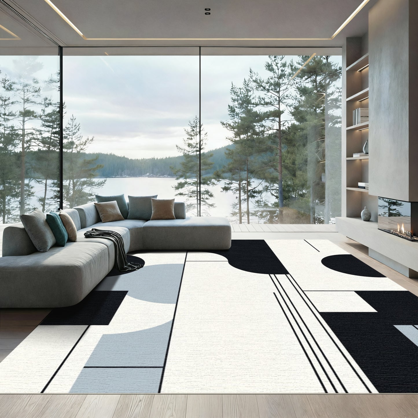 Black White Gray Geometric Abstraction Rug