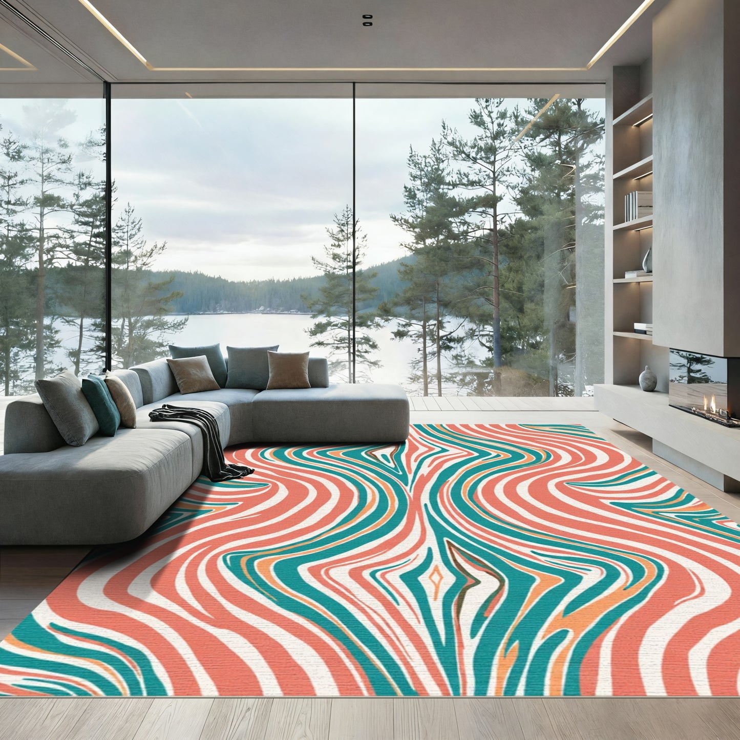 Coral Teal Abstract Organic Swirls Rug