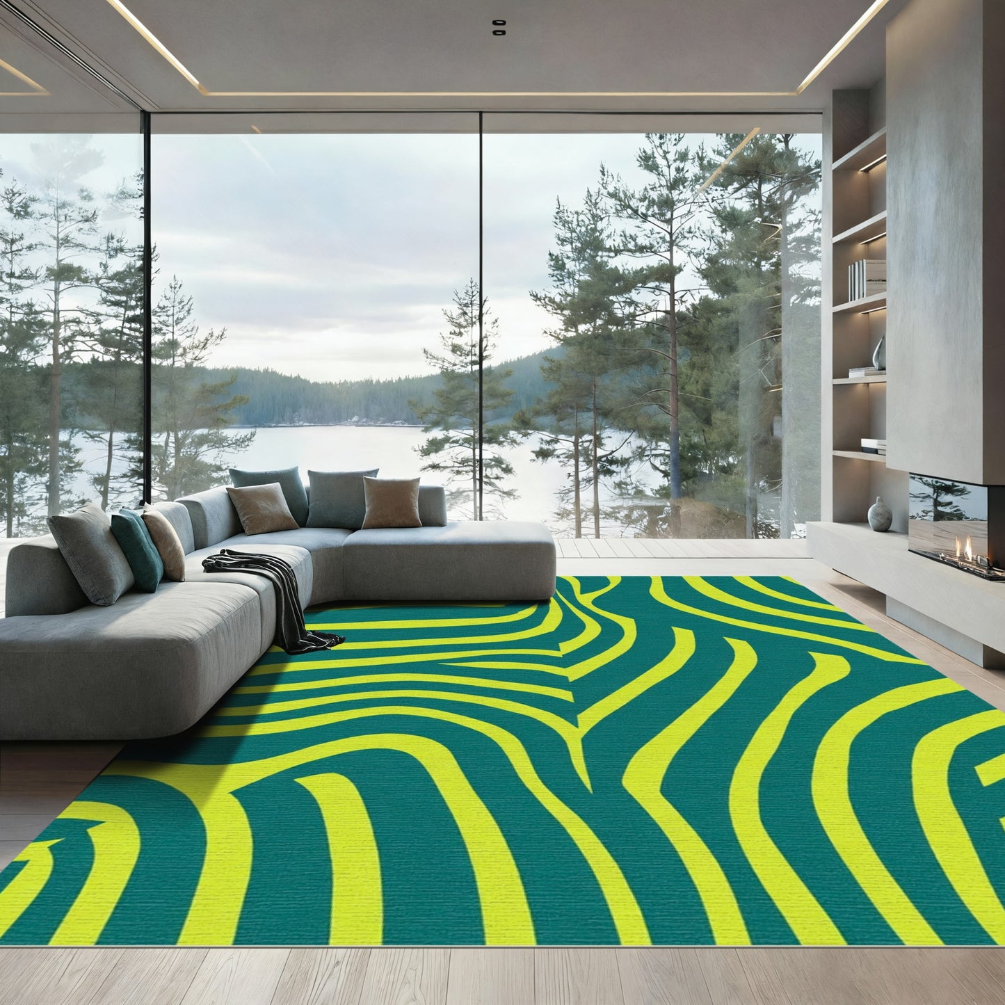 Teal Yellow Abstract Zebra Stripe Rug