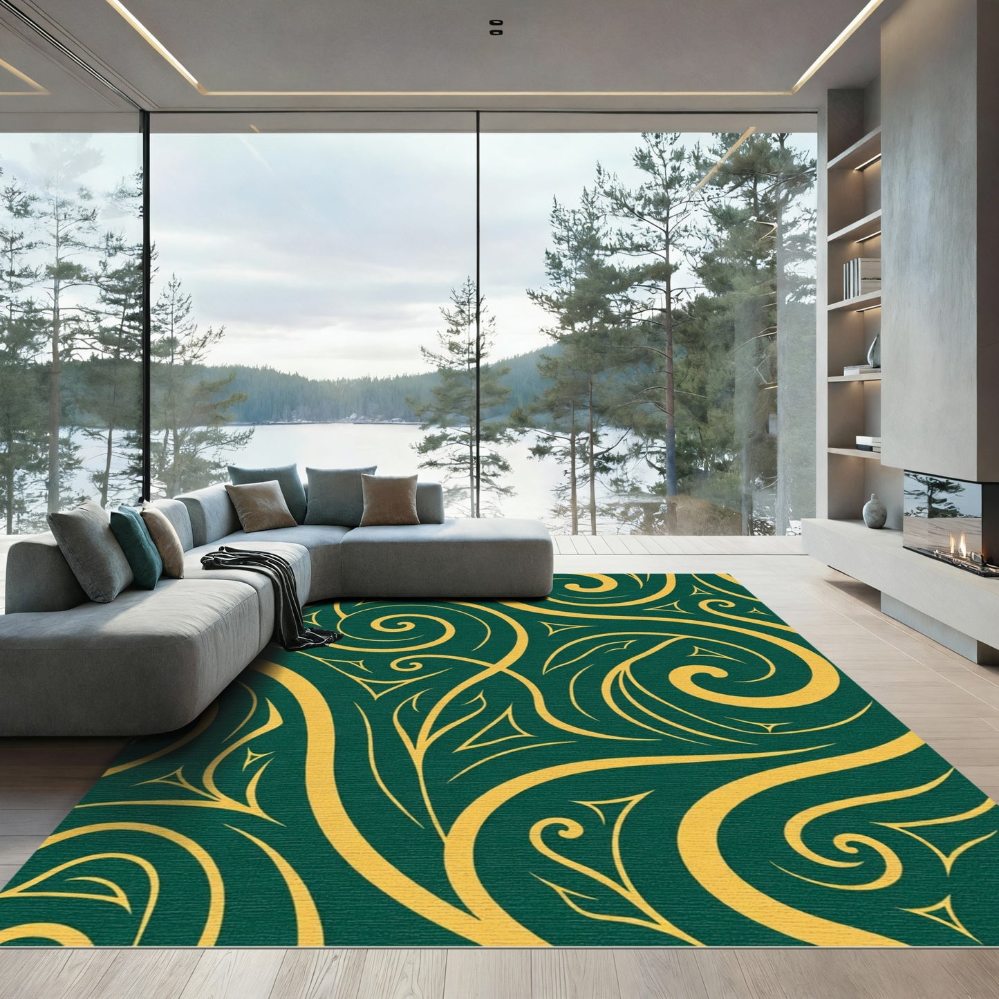 Deep Green Gold Swirl Botanical Rug