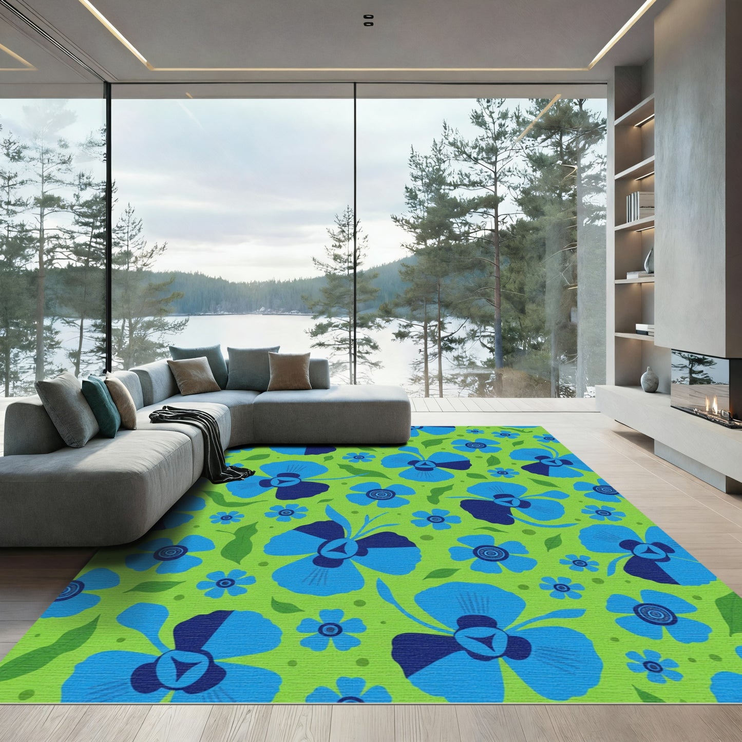 Bright Blue Floral Garden Rug
