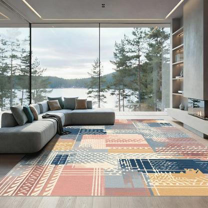 Patchwork Abstract Terra Cotta Blue Rug