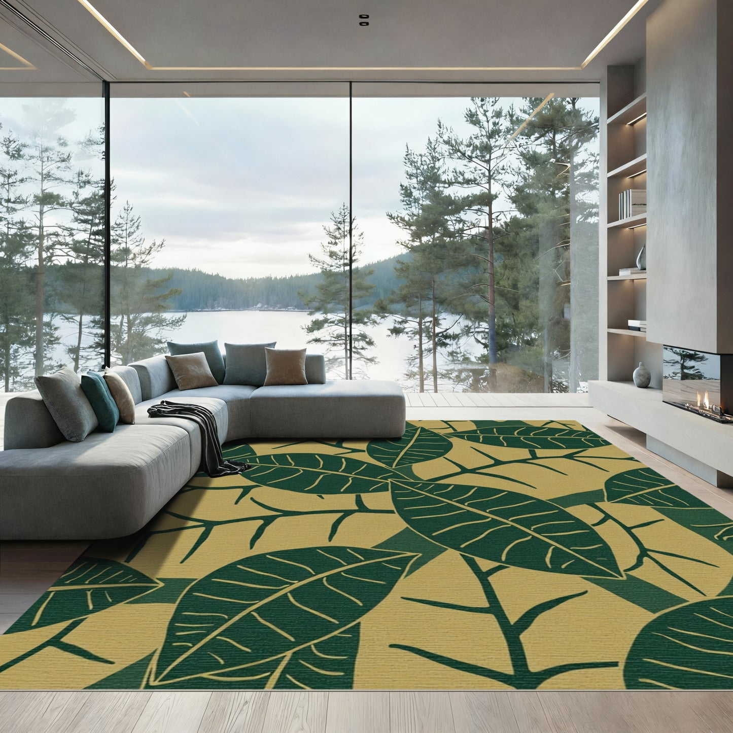 Deep Green Leafy Branch Meadow Rug
