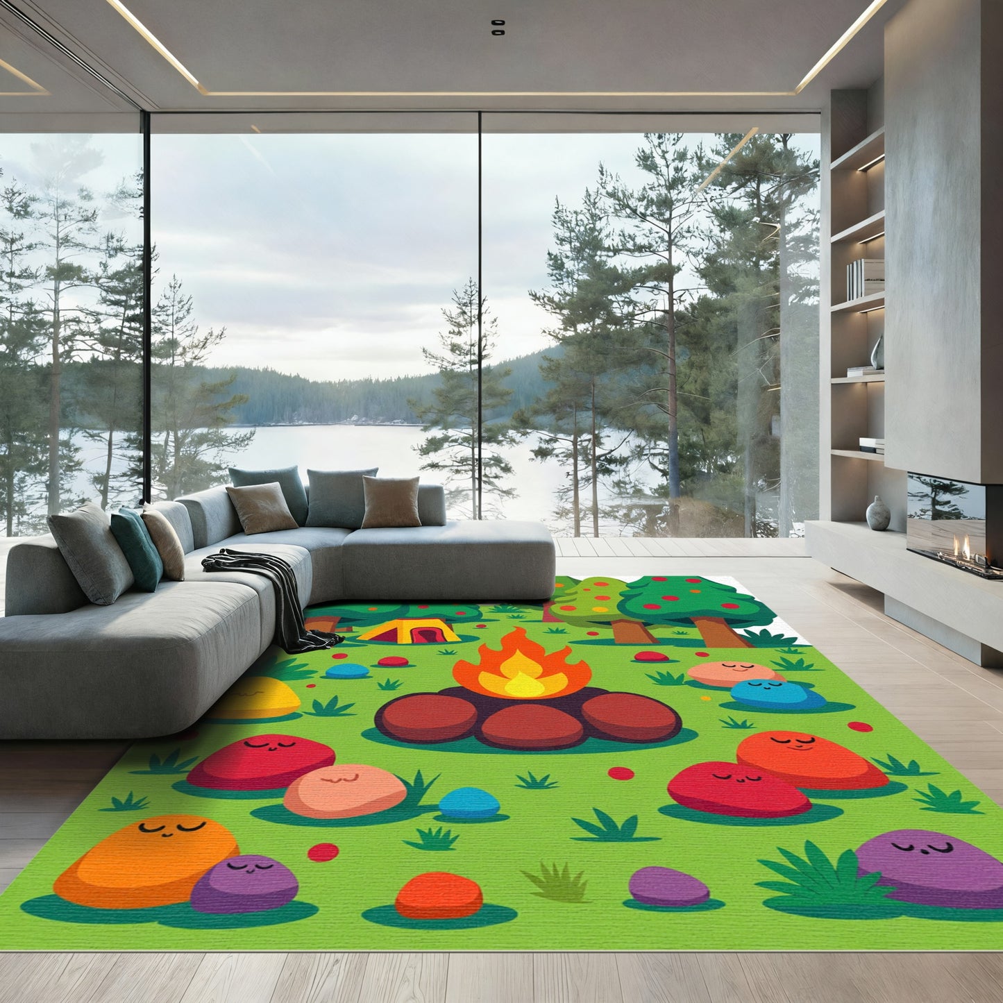Campfire Forest Faces Woodland Rug