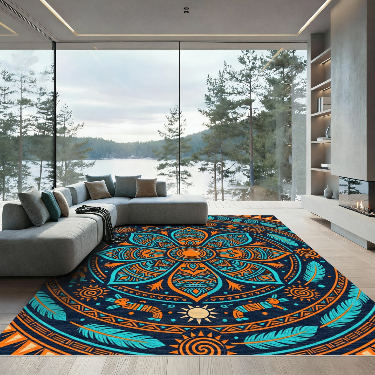Vibrant Aztec Solar Floral Mandalla Rug