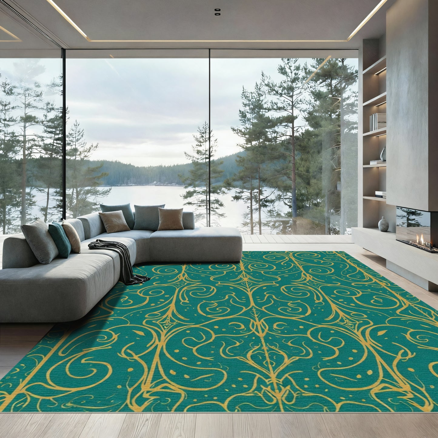 Teal Gold Art Nouveau Scroll Rug
