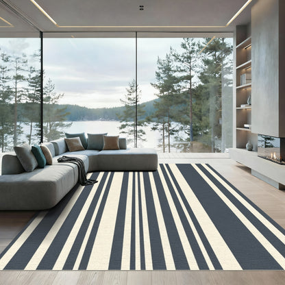 Deep Navy Ivory Vertical Stripes Rug