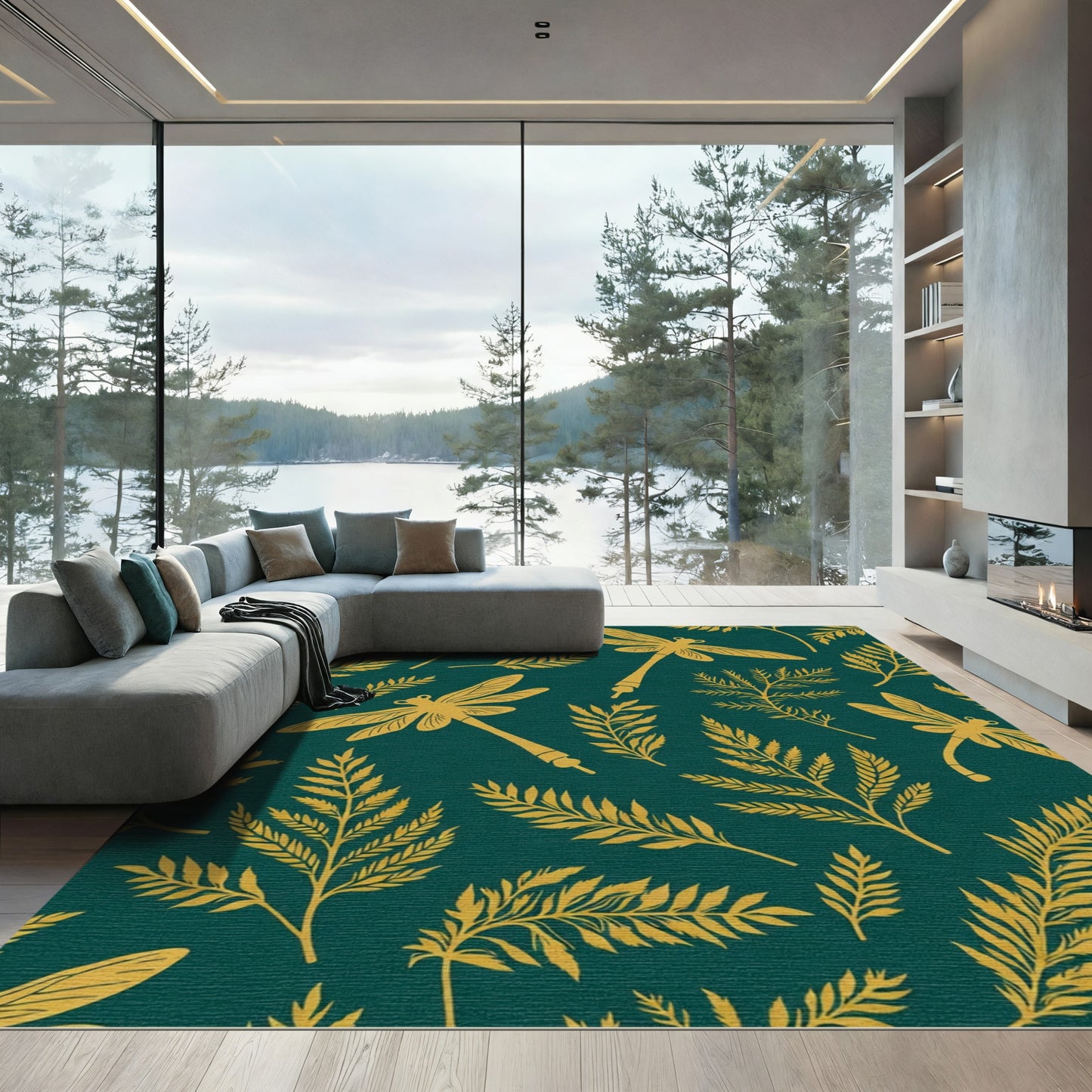 Golden Dragonflies Ferns Teal Rug