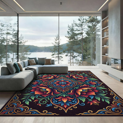 Crimson Teal Floral Medallion Ensemble Rug
