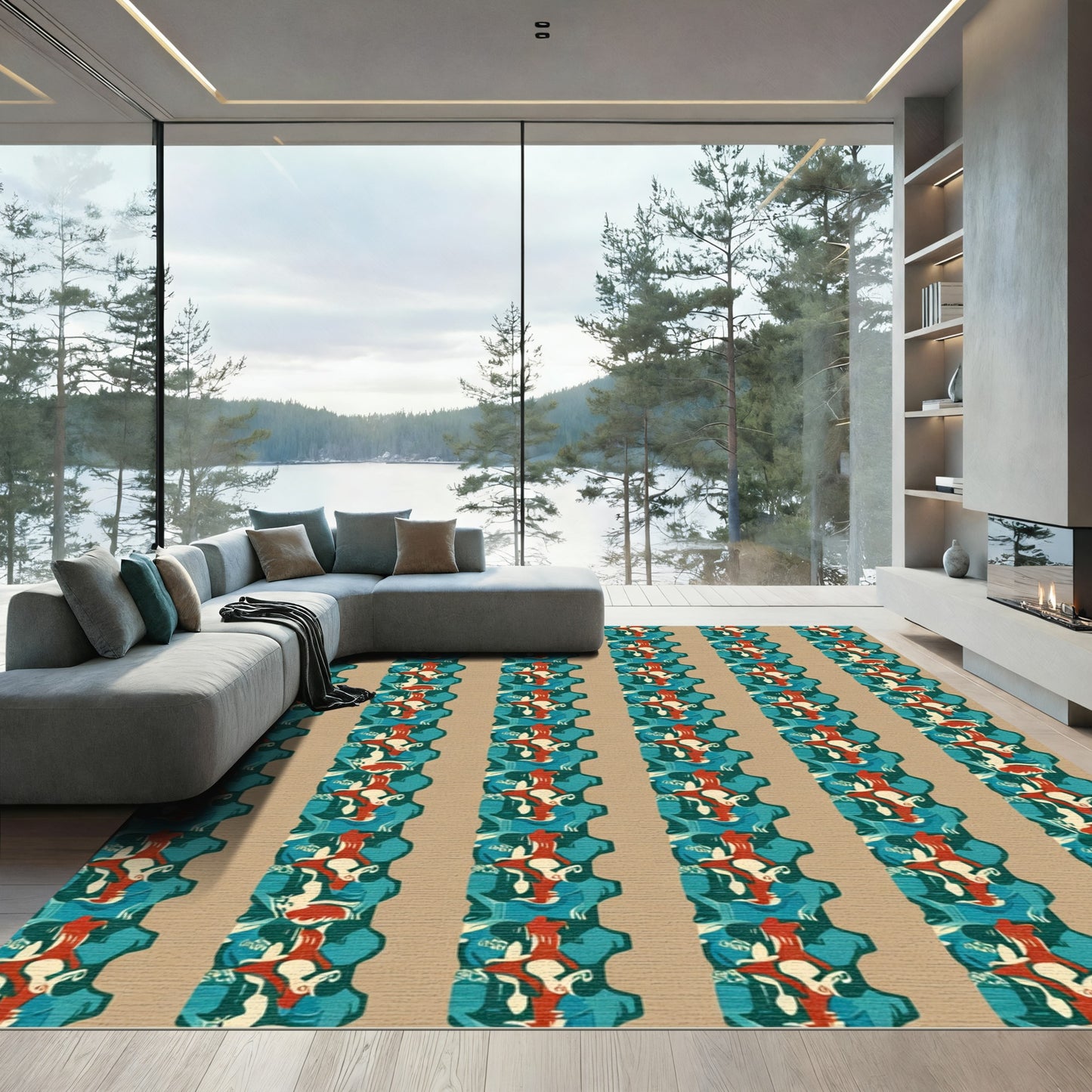Crimson Teal Abstract Repeating Stripe Rug