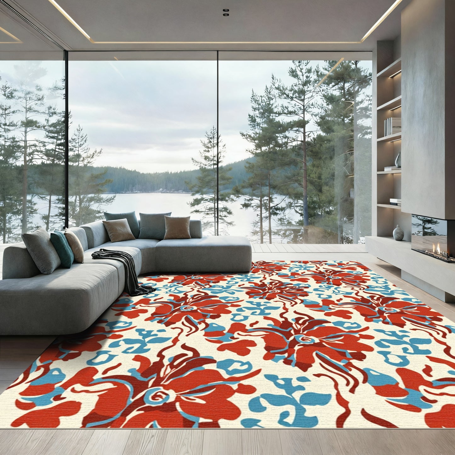 Bold Red Blue Floral Medallion Rug