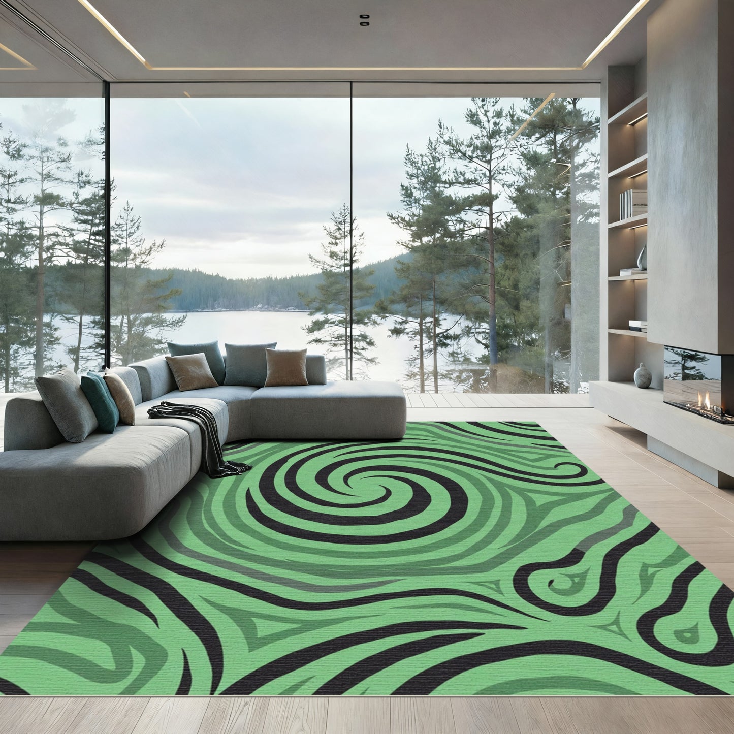 Green Swirling Abstract Stripe Rug