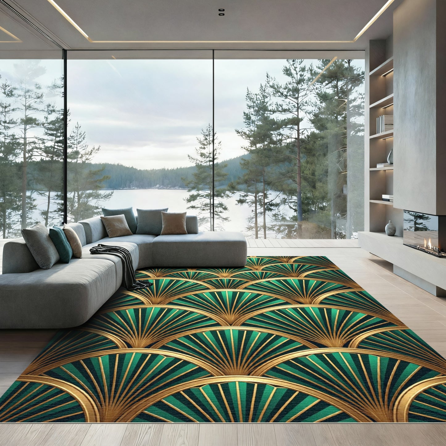 Emerald Golden Art Deco Fan Arch Rug