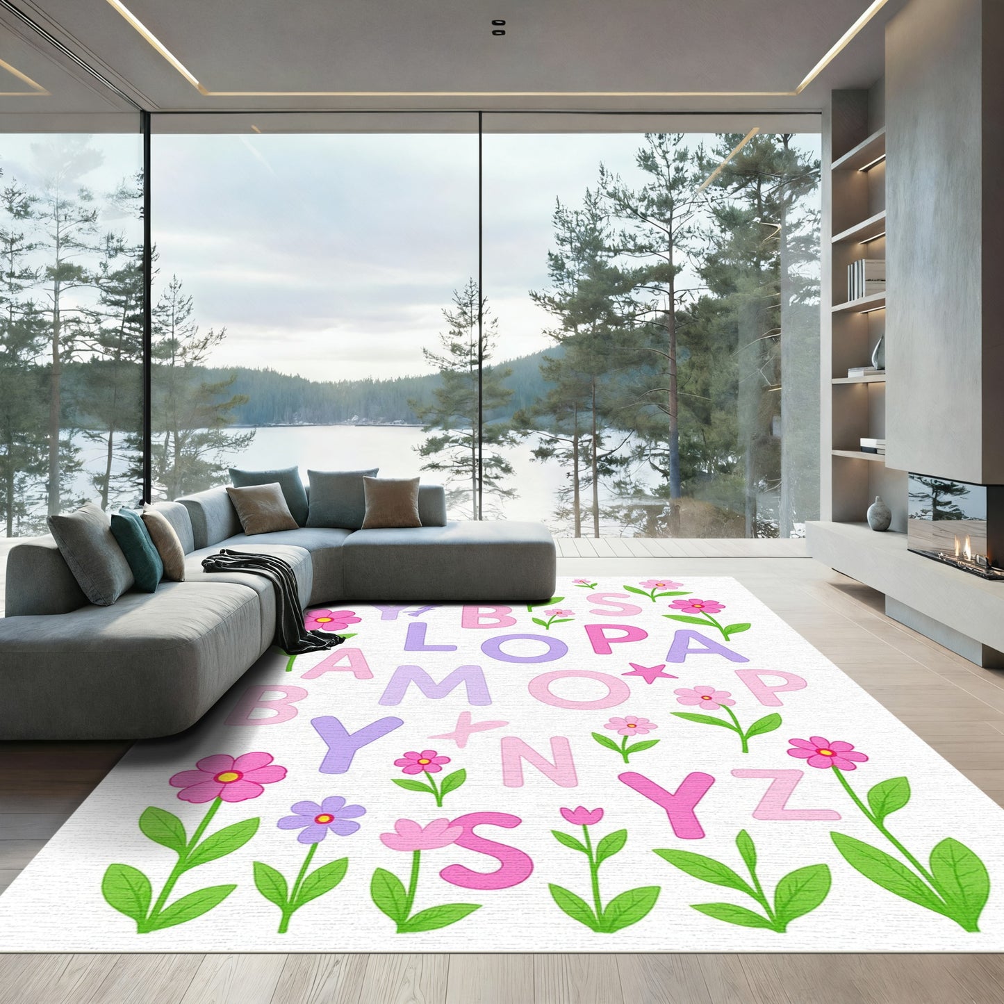Playful Pink Purple Floral Alphabet Rug