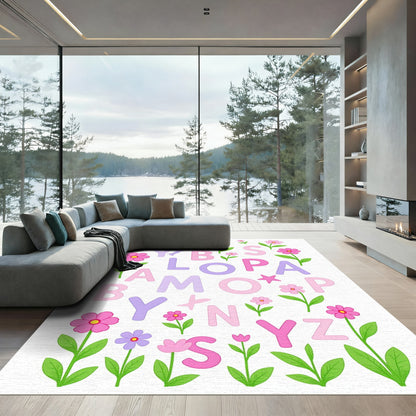 Playful Pink Purple Floral Alphabet Rug