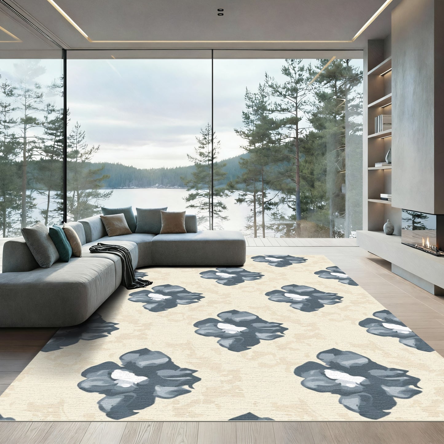 Soft Gray Watercolor Blossom Pattern Rug