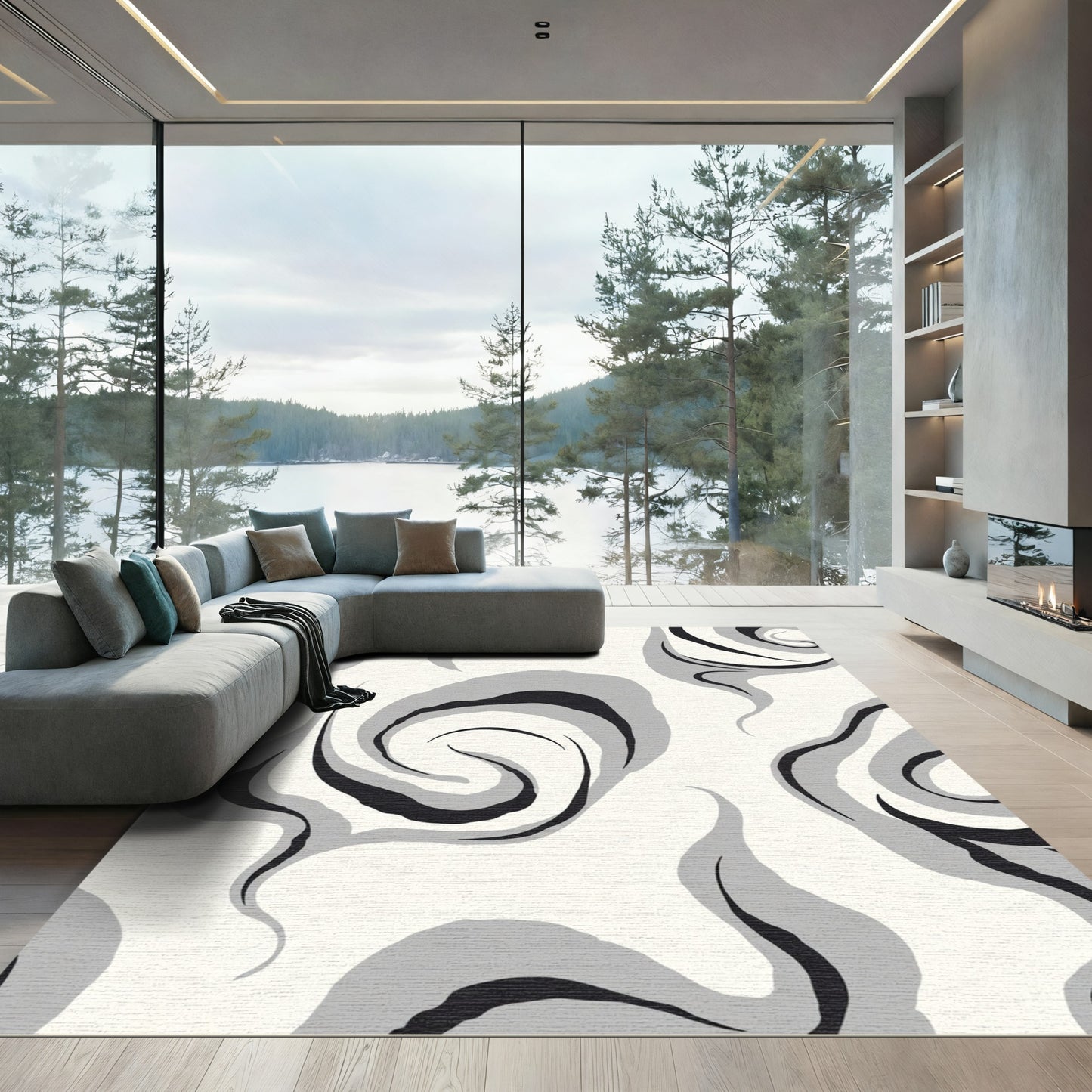 Black Gray Swirl Abstract Rug
