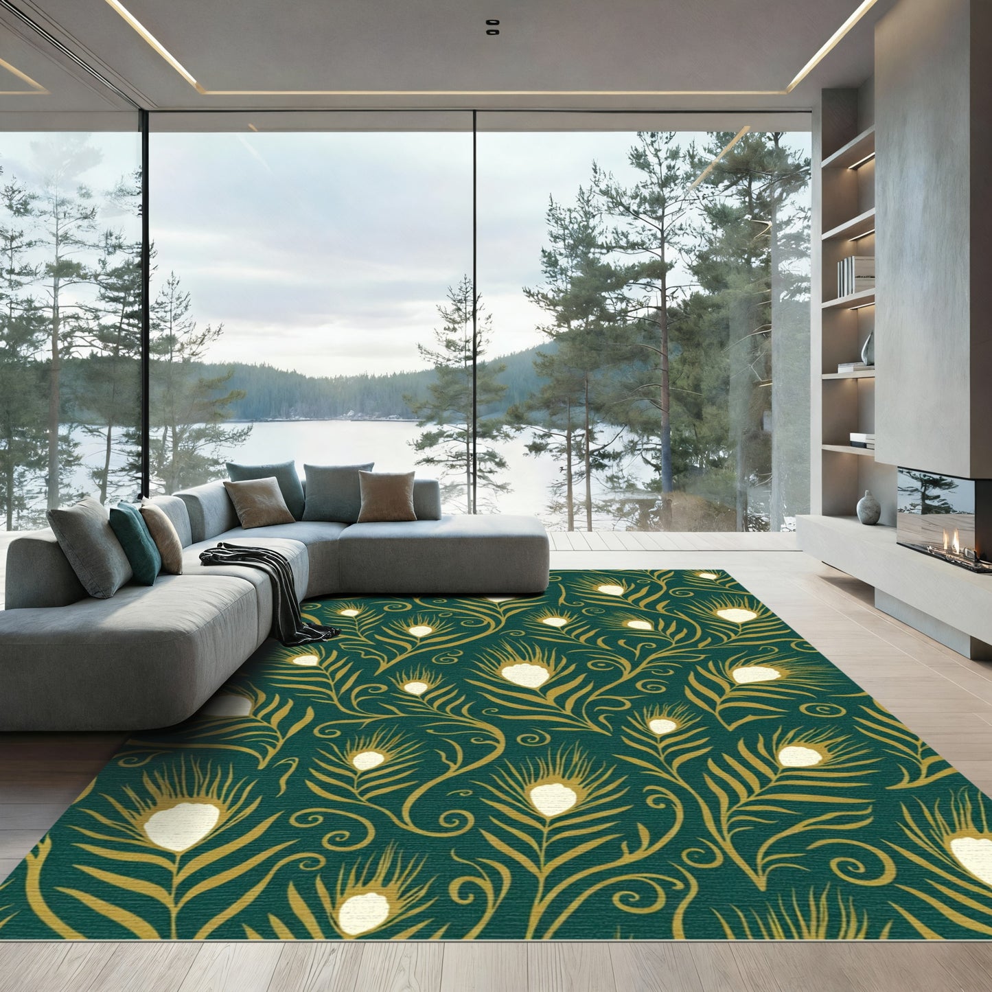 Emerald Gold Peacock Feather Flow Rug