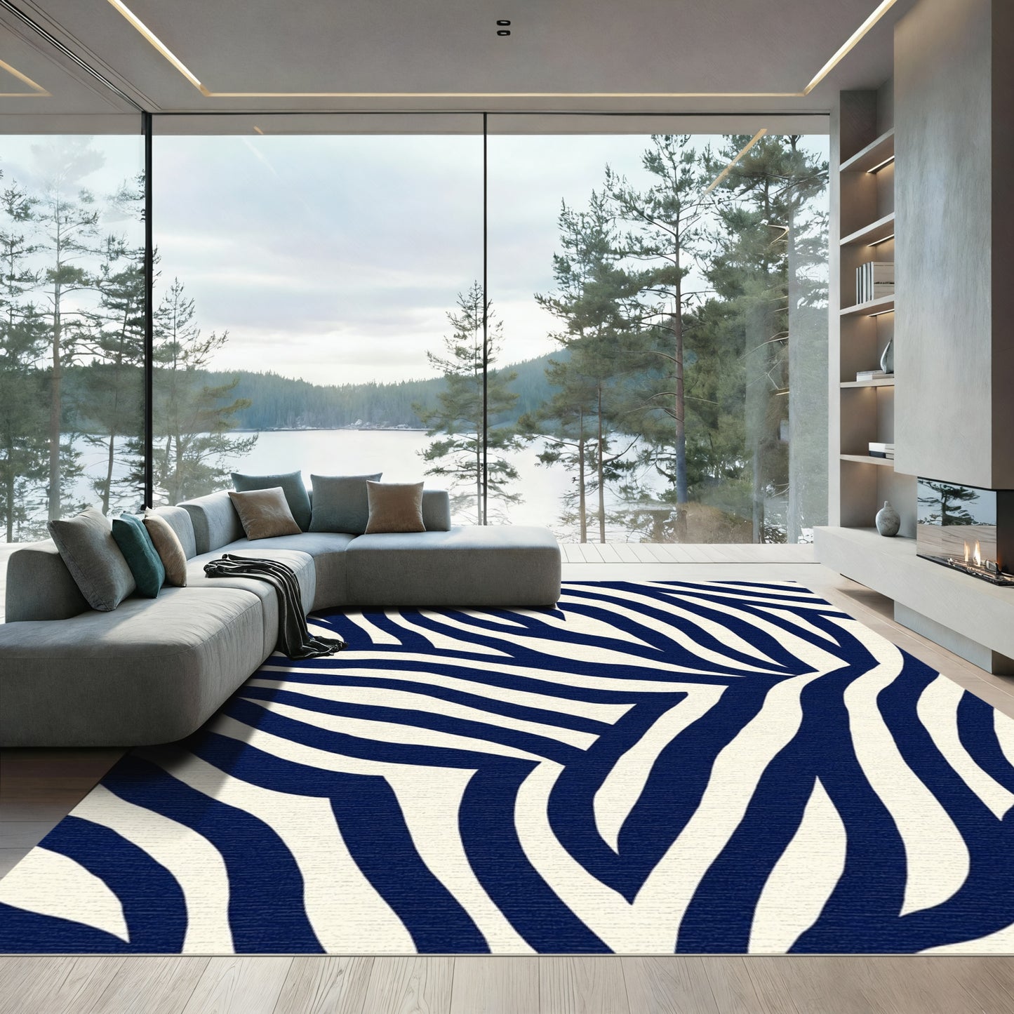 Deep Blue Ivory Zebra Stripe Rug