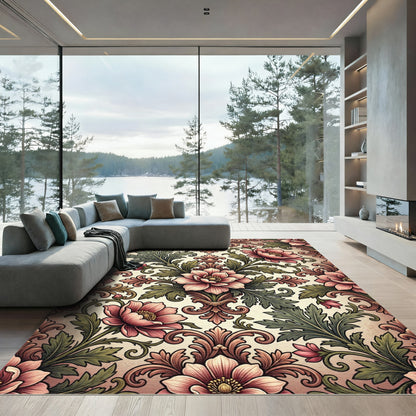 Elegant Dusty Rose Floral Baroque Scroll Rug