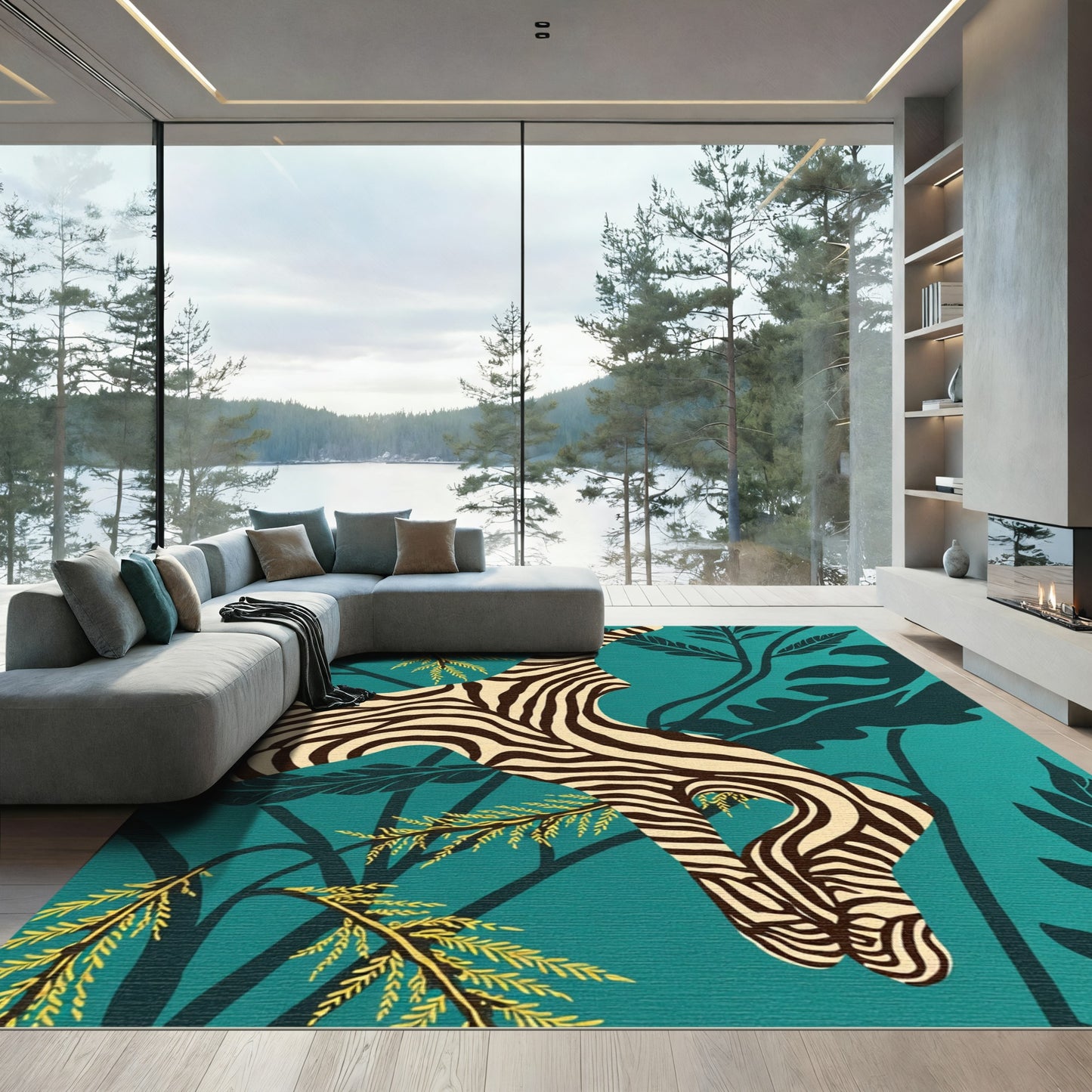 Zebra Stripes Tropical Foliage Teal Rug