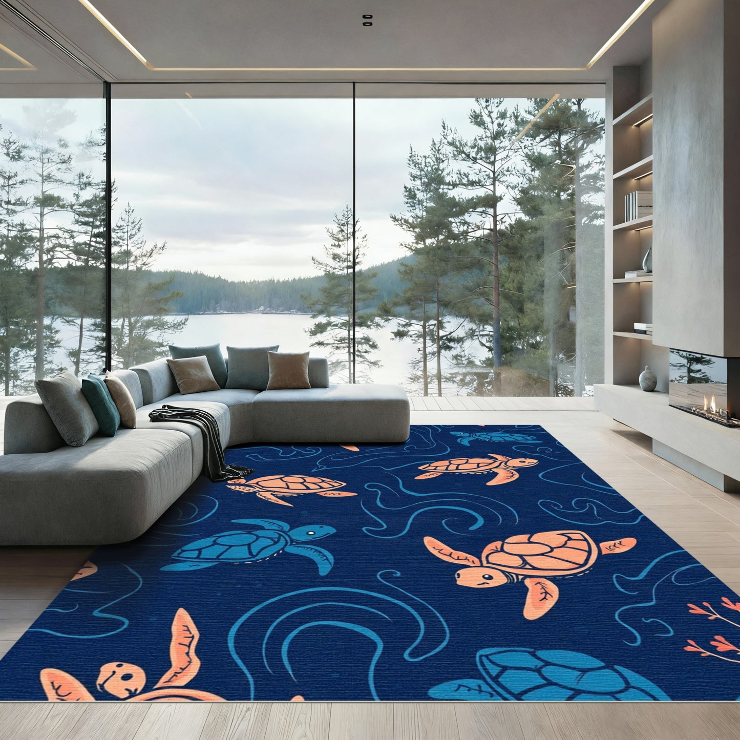 Coral Orange Blue Sea Turtle Swirls Rug