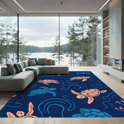 Coral Orange Blue Sea Turtle Swirls Rug